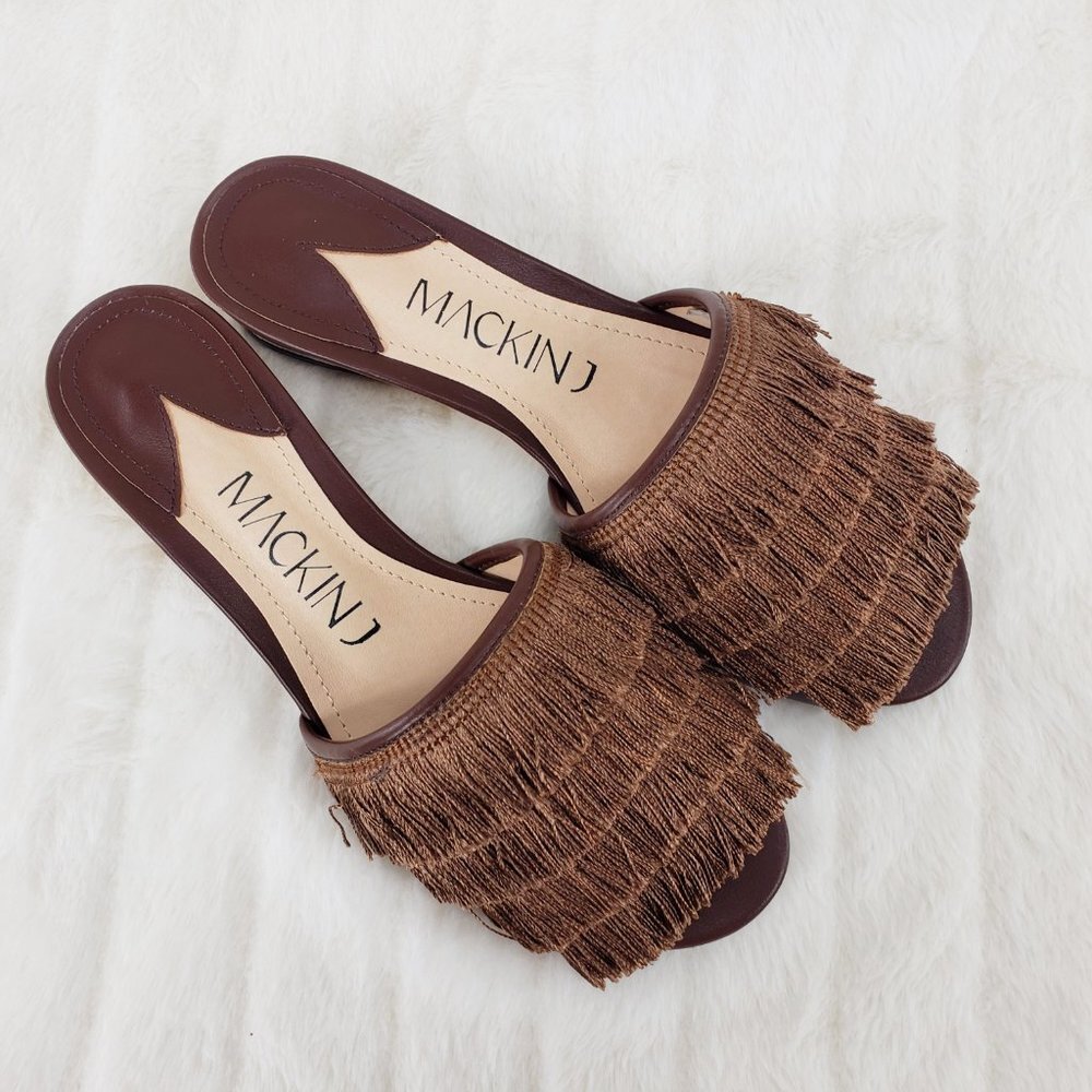Brown fringe slip on mule clog flats
